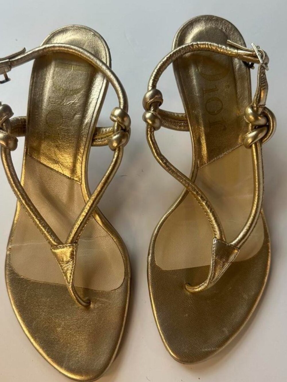 Christian Dior Gold Metallic T-Strap Heeled Sandals